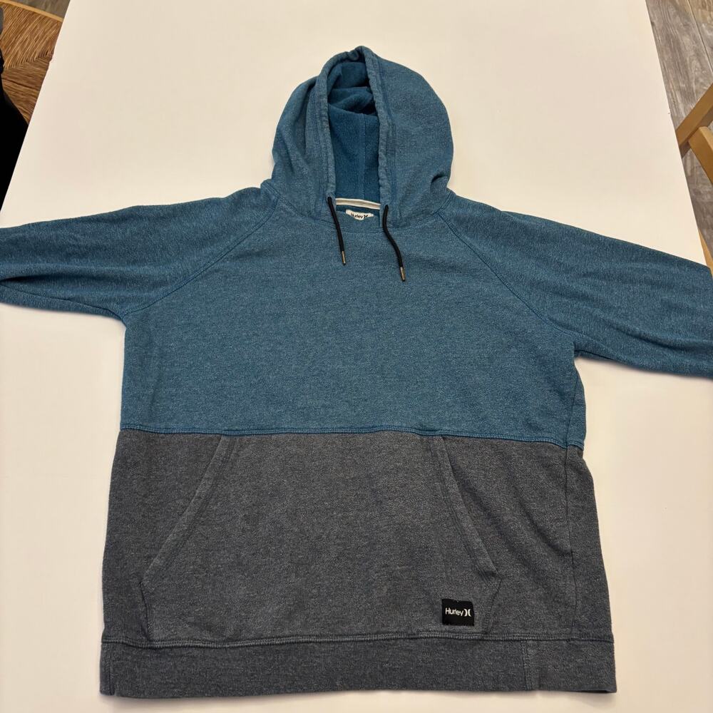 Hurley Mens Medium Colorblock Pullover Hoodie Blue Gray Fleece Sweatshirt